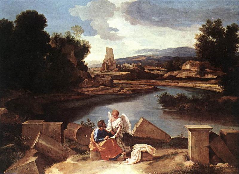 POUSSIN, Nicolas Landscape with St Matthew and the Angel sg Spain oil painting art